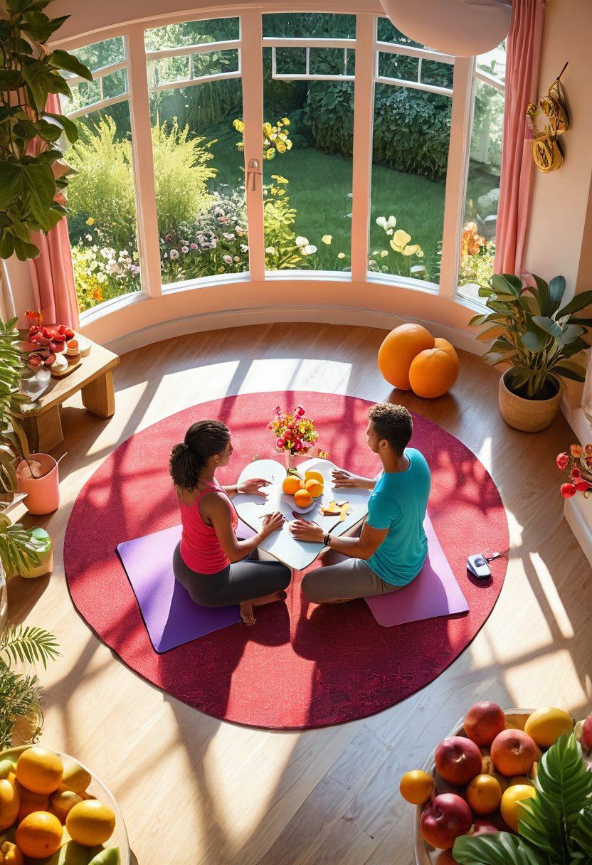 A whimsical illustration of a couple enjoying a peaceful morning together, surrounded by elements of health like fresh fruits, exercise equipment, and love notes. The background transitions from vibrant romantic scenes to serene routines, showcasing a wellness journey. Incorporate elements symbolizing balance and vitality, like a heart intertwined with a heartbeat line. enchanting and bright colors. 3D style.
