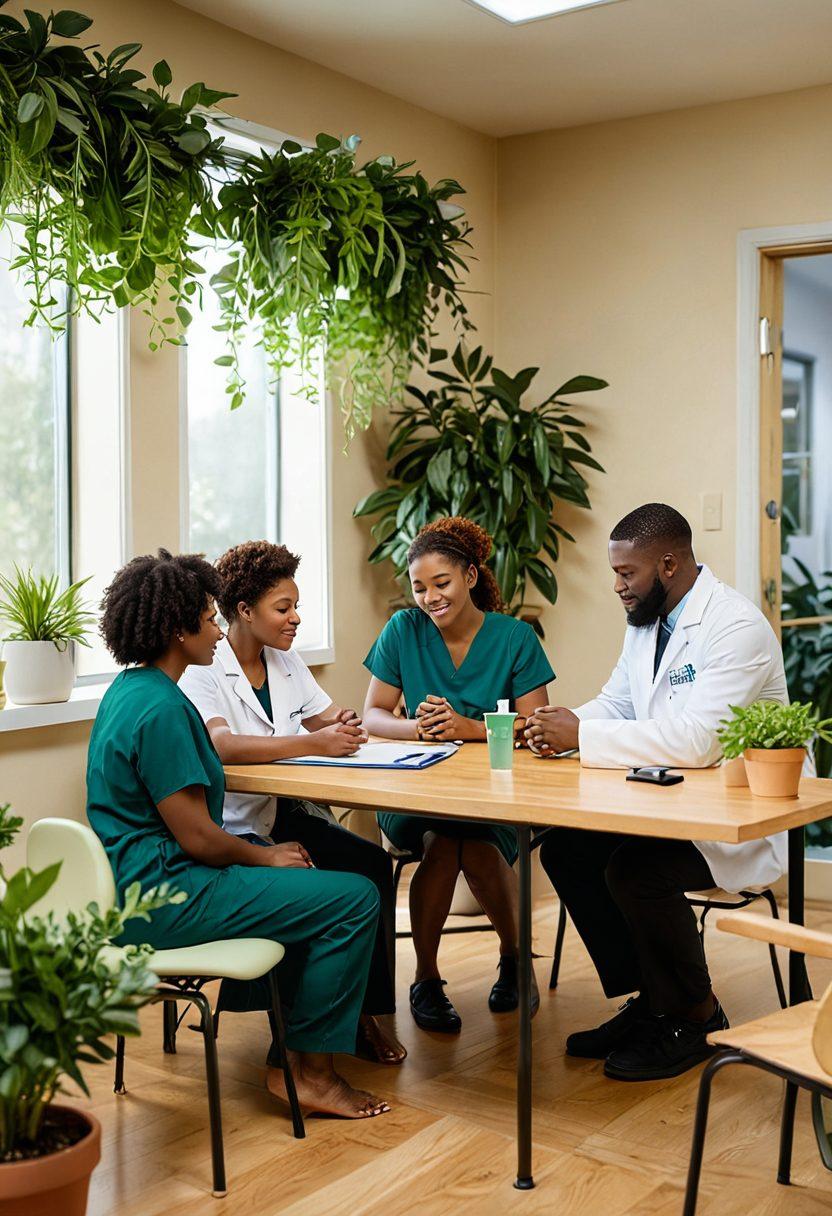 A warm, inviting scene showing diverse couples engaging in health testing together in a bright, cozy clinic. The room is filled with soft lighting, plants, and supportive healthcare professionals, conveying a sense of compassion and connection. Include elements like health test kits and heart symbols to emphasize the importance of health in relationships. super-realistic. warm colors. bright atmosphere.