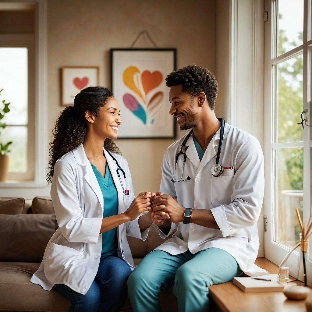A warm and inviting scene depicting a couple holding hands in a cozy home environment, surrounded by love symbols like hearts and stethoscopes, with a soft focus on health testing gadgets in the background. The couple is smiling, showcasing a bond between romance and health. Include natural light streaming in through a window, symbolizing hope and wellness. vibrant colors. super-realistic. cozy atmosphere.